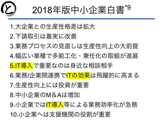 2018年版中小企業白書*9
1.大企業との生産性格差は拡大
2.下請取引は着実に改善
3.業務プロセスの見直しは生産性向上の大前提
4.幅広い業種で多能工化・兼任化の取組が進展
5.IT導入で重要なのは身近な相談相手
6.業務/企業間連携でITの効果は飛躍的に高まる
7.生産性向上には投資が重要
8.中小企業のM＆Aは増加
9.小企業ではIT導入等による業務効率化が急務
10.小企業へは支援機関の役割が重要
 