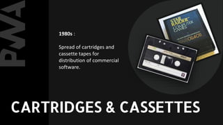 1980s :
Spread of cartridges and
cassette tapes for
distribution of commercial
software.
CARTRIDGES & CASSETTES
 