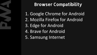 1. Google Chrome for Android
2. Mozilla Firefox for Android
3. Edge for Android
4. Brave for Android
5. Samsung Internet
Browser Compatibility
 