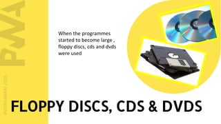 #WCMUMBAI2019
When the programmes
started to become large ,
floppy discs, cds and dvds
were used
FLOPPY DISCS, CDS & DVDS
 