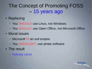 The Concept of Promoting FOSS
C 15 years ago
 Replacing
C You SHOULD use Linux, not Windows
C You SHOULD use Open Office, not Microsoft Office
 Moral issues
C Microsoft IS an evil empire
C You SHOULDN'T use pirate software
 The result
C Nobody cares
 