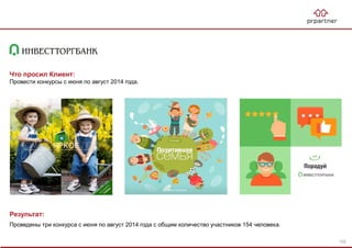 Результат:
Проведены три конкурса с июня по август 2014 года с общим количество участников 154 человека.
Что просил Клиент:
Провести конкурсы с июня по август 2014 года.
102
 