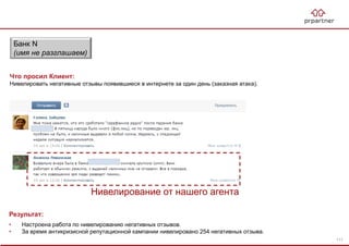 Нивелирование от нашего агента
Банк N
(имя не разглашаем)
Результат:
• Настроена работа по нивелированию негативных отзывов.
• За время антикризисной репутационной кампании нивелировано 254 негативных отзыва.
Что просил Клиент:
Нивелировать негативные отзывы появившиеся в интернете за один день (заказная атака).
111
 