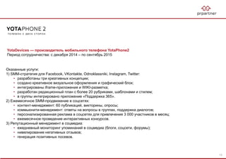 YotaDevices — производитель мобильного телефона YotaPhone2
Период сотрудничества: с декабря 2014 – по сентябрь 2015
Оказанные услуги:
1) SMM-стратегия для Facebook, VKontakte, Odnoklassniki, Instagram, Twitter:
• разработаны три креативных концепции;
• создано креативное визуальное оформления и графический блок;
• интегрированы iframe-приложения и WIKI-разметка;
• разработан редакционный план с более 20 рубриками, шаблонами и стилем;
• в группы интегрировано приложение «Поддержка 365».
2) Ежемесячное SMM-продвижение в соцсетях:
• контент-менеджмент: 60 публикаций, викторины, опросы;
• коммьюнити-менеджмент: ответы на вопросы в группах, поддержка диалогов;
• персонализированная реклама в соцсетях для привлечения 3 000 участников в месяц;
• ежемесячное проведение интерактивных конкурсов.
3) Репутационный менеджмент в соцмедиа:
• ежедневный мониторинг упоминаний в соцмедиа (блоги, соцсети, форумы);
• нивелирование негативных отзывов;
• генерация позитивных посевов.
13
 