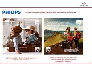 Разработаны уникальные шаблоны для оформления публикаций
Базовый шаблон. Варианты расположения
фирменного элемента
Базовый шаблон с текстом. Варианты
расположения текста относительно
фирменного элемента
20
 