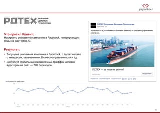 Результат:
• Запущена рекламная кампания в Facebook, с таргетингом п
о интересам, увлечениями, бизнес-направленности и т.д.
• Достигнут стабильный ежемесячный траффик целевой
аудитории на сайт — 700 переходов.
Что просил Клиент:
Настроить рекламную кампанию в Facebook, генерирующую
лиды на сайт rdtex.ru.
63
 