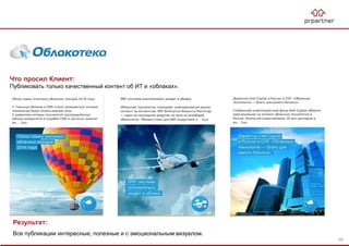 Что просил Клиент:
Публиковать только качественный контент об ИТ и «облаках».
Результат:
Все публикации интересные, полезные и с эмоциональным визуалом.
68
 