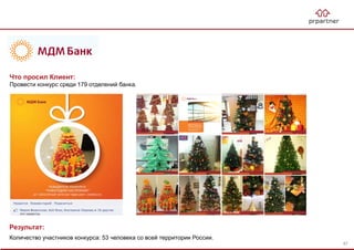 Результат:
Количество участников конкурса: 53 человека со всей территории России.
Что просил Клиент:
Провести конкурс среди 179 отделений банка.
87
 