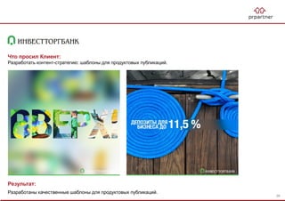 Результат:
Разработаны качественные шаблоны для продуктовых публикаций.
Что просил Клиент:
Разработать контент-стратегию: шаблоны для продуктовых публикаций.
98
 