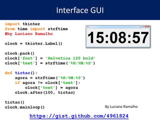 Interface GUI
https://gist.github.com/4961824
By Luciano Ramalho
 