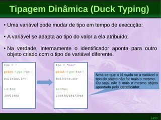 14/53
Tipagem Dinâmica (Duck Typing)
foo = 7
print(type(foo))
builtins.int
id(foo)
10911904
● Uma variável pode mudar de tipo em tempo de execução;
● A variável se adapta ao tipo do valor a ela atribuído;
● Na verdade, internamente o identificador aponta para outro
objeto criado com o tipo de variável diferente.
foo = 'bar'
print(type(foo))
builtins.str
id(foo)
139630248473968
Nota-se que o id muda se a variável o
tipo do objeto não for mais o mesmo.
Ou seja, não é mais o mesmo objeto
apontado pelo identificador.
 