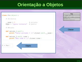 17/53
Orientação a Objetos
class Foo(object):
# Atributos
__spam = 0 # private
eggs = 'ipsis litteris' # public
# Métodos
def metodo_1(self):
print('Valor privado = {}'.format(self.__spam))
def metodo_2(self, nome):
print('Meu nome é {}'.format(nome))
f = Foo() Objeto
Classe
 