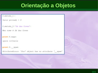 18/53
Orientação a Objetos
f.metodo_1()
Valor privado = 0
f.metodo_2('Zé das Coves')
Meu nome é Zé das Coves
print(f.eggs)
ipsis litteris
print(f.__spam)
AttributeError: 'Foo' object has no attribute '__spam'
 