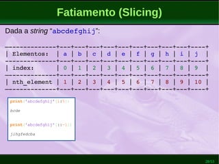 28/53
Fatiamento (Slicing)
Dada a string “abcdefghij”:
–­­­­­­­­­­­­­+­­­+­­­+­­­+­­­+­­­+­­­+­­­+­­­+­­­+­­­­+
| Elementos:  | a | b | c | d | e | f | g | h | i | j  |
­­­­­­­­­­­­­­+­­­+­­­+­­­+­­­+­­­+­­­+­­­+­­­+­­­+­­­­+
| index:      | 0 | 1 | 2 | 3 | 4 | 5 | 6 | 7 | 8 | 9  |
–­­­­­­­­­­­­­+­­­+­­­+­­­+­­­+­­­+­­­+­­­+­­­+­­­+­­­­+
| nth_element | 1 | 2 | 3 | 4 | 5 | 6 | 7 | 8 | 9 | 10 |
–­­­­­­­­­­­­­+­­­+­­­+­­­+­­­+­­­+­­­+­­­+­­­+­­­+­­­­+
print('abcdefghij'[1:5])
bcde
print('abcdefghij'[::-1])
jihgfedcba
 