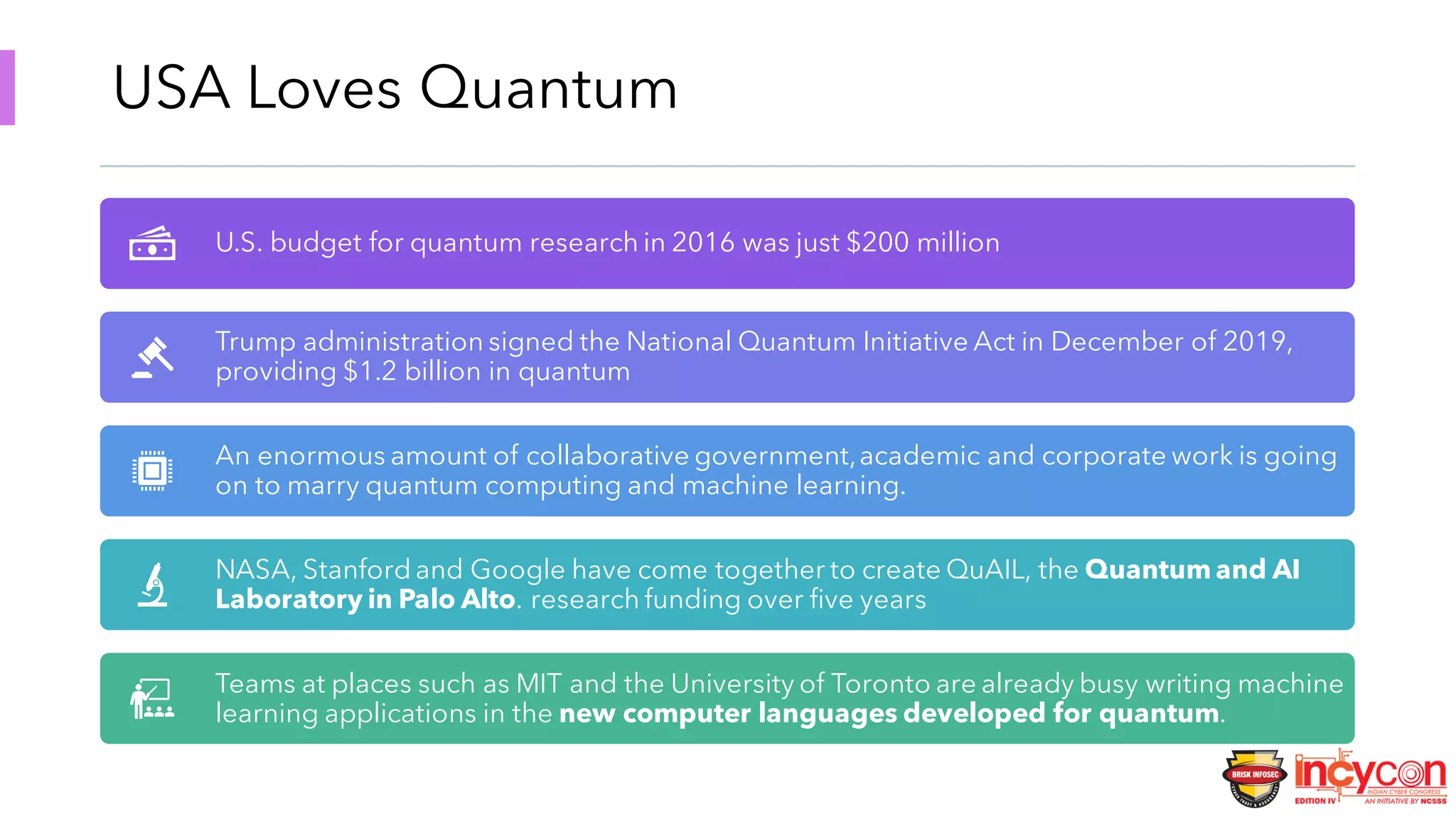 USA Loves Quantum
U.S. budget for quantum research in 2016 was just $200 million
Trump administration signed the National Quantum Initiative Act in December of 2019,
providing $1.2 billion in quantum
An enormous amount of collaborative government,academic and corporate work is going
on to marry quantum computing and machine learning.
NASA, Stanford and Google have come together to create QuAIL, the Quantum and AI
Laboratory in Palo Alto. research funding over five years
Teams at places such as MIT and the University of Toronto are already busy writing machine
learning applications in the new computer languages developed for quantum.
 