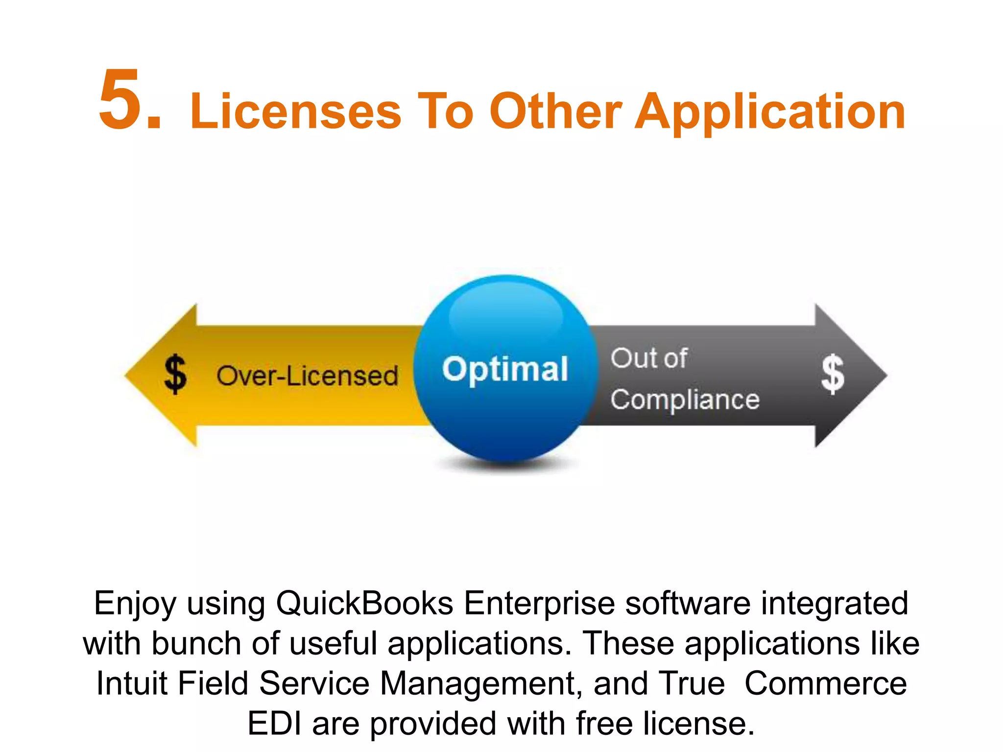Enjoy using QuickBooks Enterprise software integrated
with bunch of useful applications. These applications like
Intuit Field Service Management, and True Commerce
EDI are provided with free license.
5. Licenses To Other Application
 