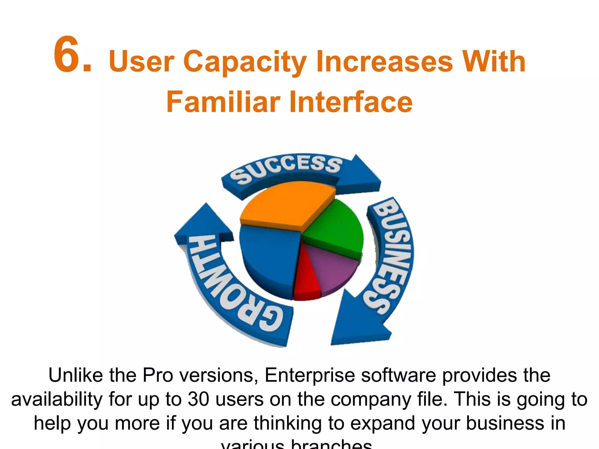 Unlike the Pro versions, Enterprise software provides the
availability for up to 30 users on the company file. This is going to
help you more if you are thinking to expand your business in
6. User Capacity Increases With
Familiar Interface
 