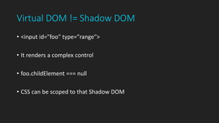 Virtual DOM != Shadow DOM
• <input id="foo" type="range">
• It renders a complex control
• foo.childElement === null
• CSS can be scoped to that Shadow DOM
 