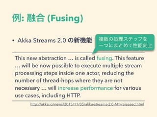 : ں (Fusing)
? Akka Streams 2.0 C
This new abstraction  is called fusing. This feature
 will be now possible to execute multiple stream
processing steps inside one actor, reducing the
number of thread-hops where they are not
necessary  will increase performance for various
use cases, including HTTP.
http://akka.io/news/2015/11/05/akka-streams-2.0-M1-released.html
}΄Iƥåפ?
һĤˤޤȤ
 