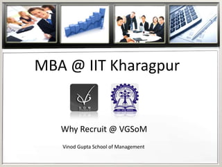 MBA @ IIT Kharagpur


   Why Recruit @ VGSoM
   Vinod Gupta School of Management
 