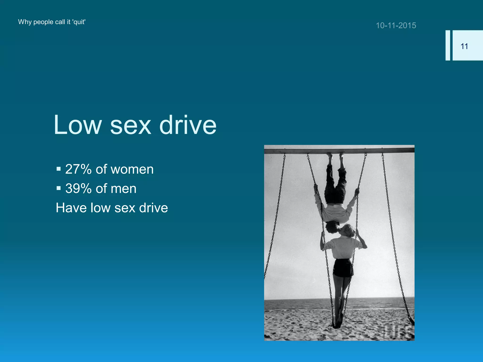 Low sex drive
 27% of women
 39% of men
Have low sex drive
Why people call it 'quit'
11
 