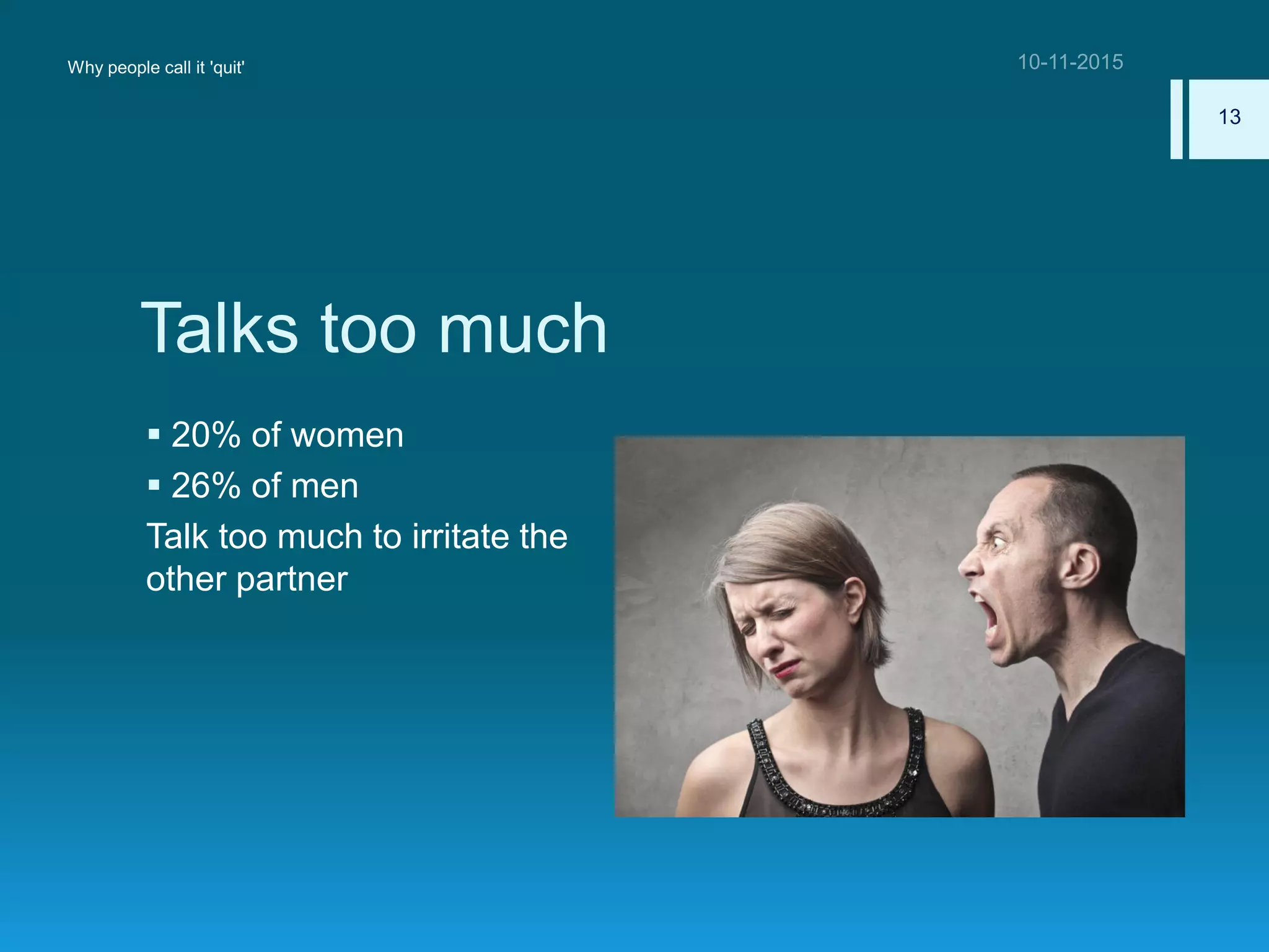 Talks too much
 20% of women
 26% of men
Talk too much to irritate the
other partner
Why people call it 'quit'
13
 