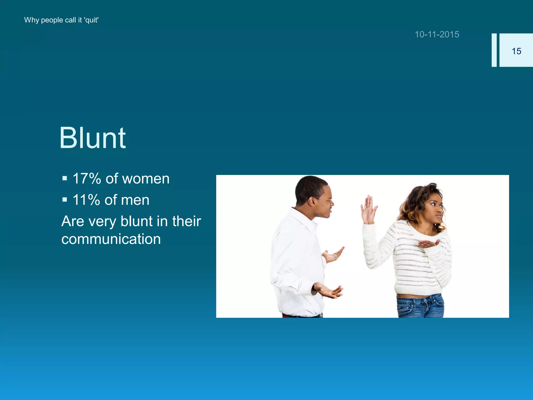 Blunt
 17% of women
 11% of men
Are very blunt in their
communication
Why people call it 'quit'
15
 