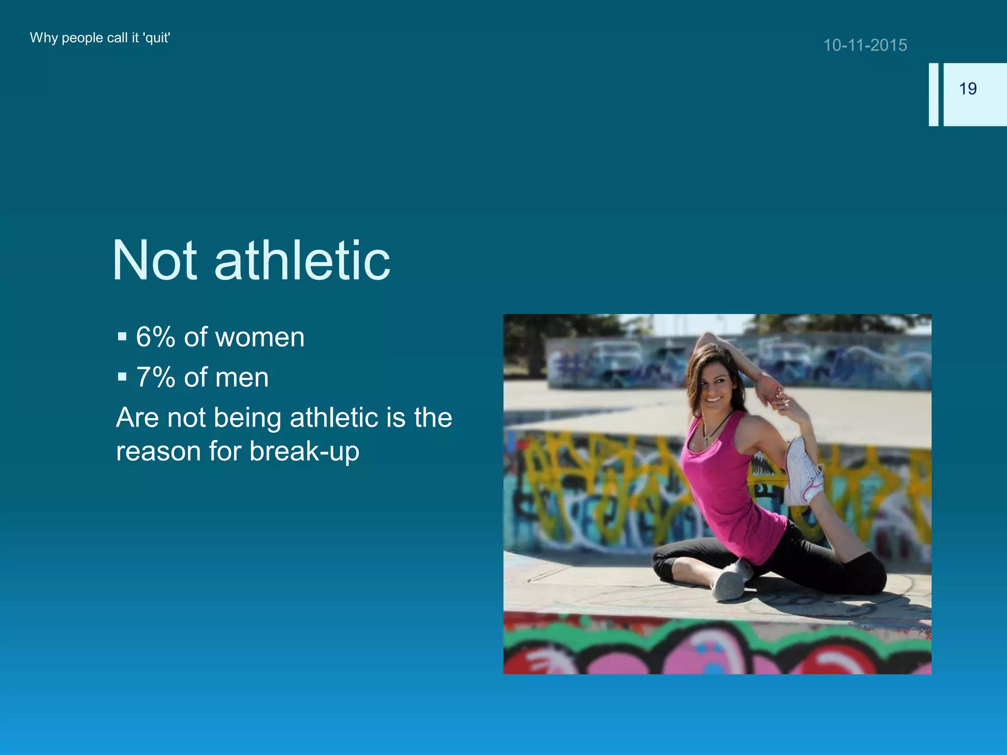 Not athletic
 6% of women
 7% of men
Are not being athletic is the
reason for break-up
Why people call it 'quit'
19
 