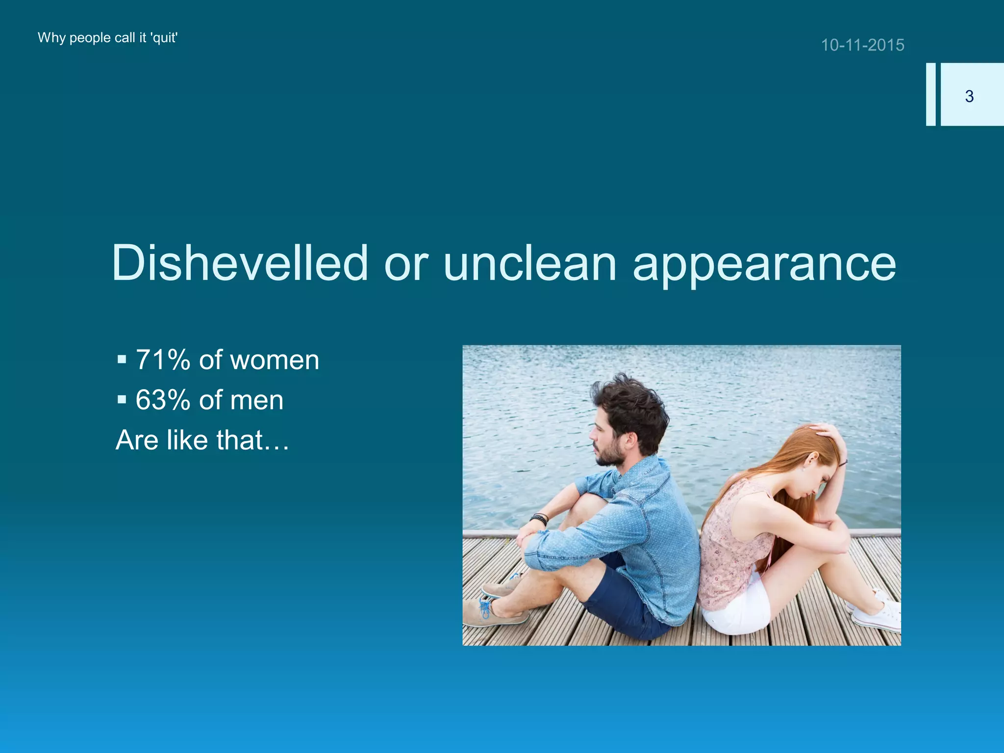 Dishevelled or unclean appearance
 71% of women
 63% of men
Are like that…
Why people call it 'quit'
3
 