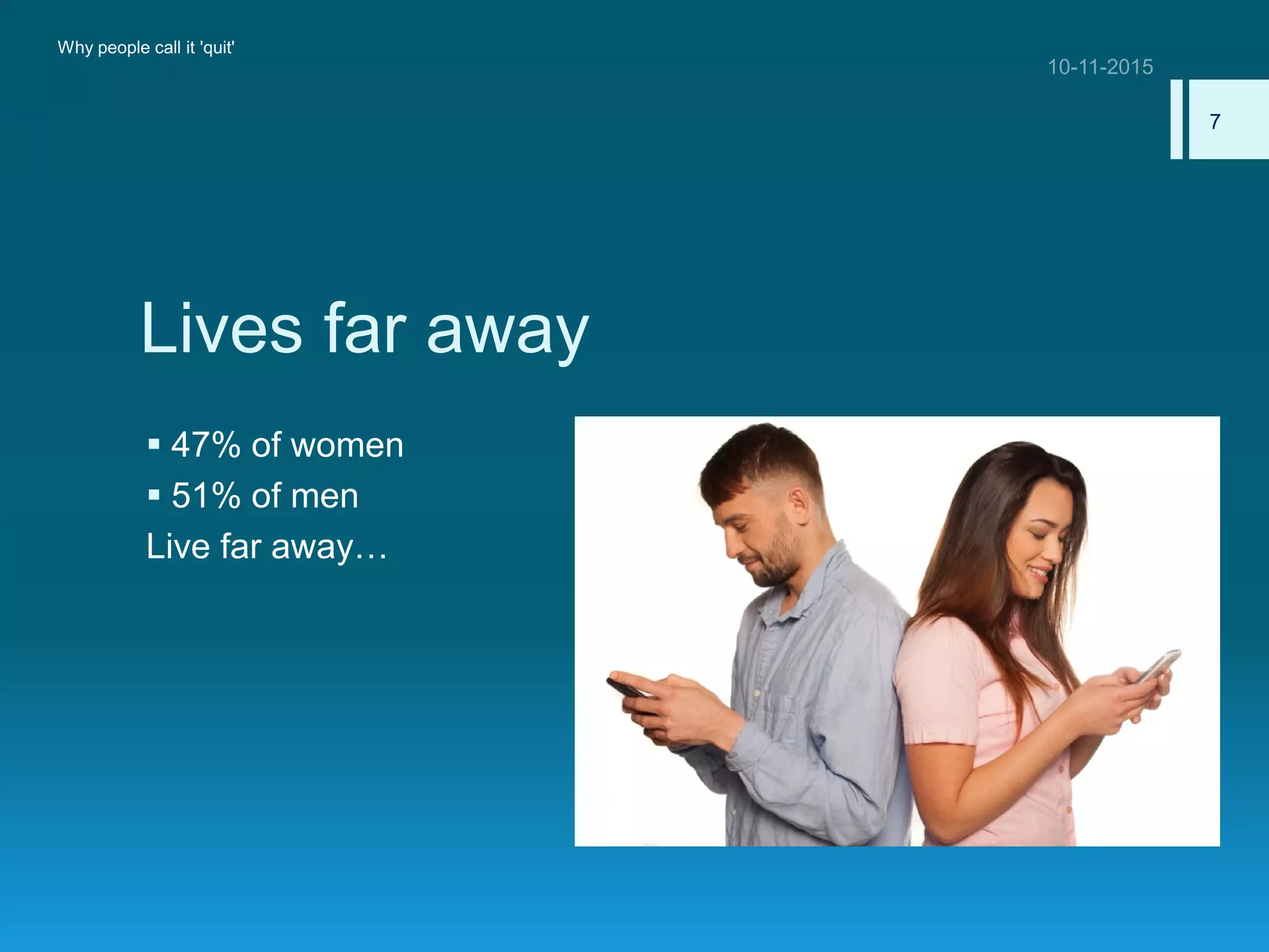 Lives far away
 47% of women
 51% of men
Live far away…
Why people call it 'quit'
7
 
