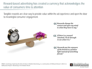 Reward-based advertising has created a currency that acknowledges the
value of consumers time & attention
Tangible rewards are clear way to provide value within the ad experience and open the door
to meaningful consumer engagement.
Rewards change the
context and open my mind
to what they have to say.”
If there is a reward
attached, I’ll sit through
to see what it is.”
Rewards put the exposure
of the brand in a positive
light instead of something
forced.”
Slide courtesy; Exploring the Role of Value in Mobile Advertising, is a continuation of Millward Brown’s 2013 U.S.
AdReaction Report: Marketing in the Mobile World.
 