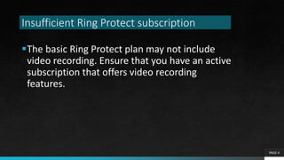 Insufficient Ring Protect subscription
The basic Ring Protect plan may not include
video recording. Ensure that you have an active
subscription that offers video recording
features.
PAGE 4
 