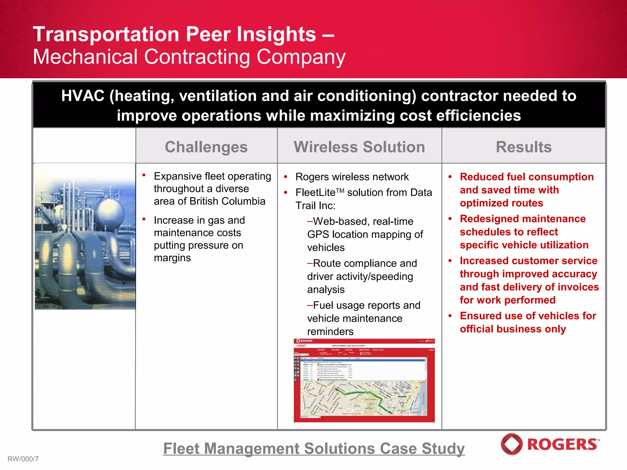 Transportation Peer Insights –
      Mechanical Contracting Company
           HVAC (heating, ventilation and air conditioning) contractor needed to
                 improve operations while maximizing cost efficiencies

                           Challenges                    Wireless Solution                           Results
                        Expansive fleet operating   •   Rogers wireless network          •   Reduced fuel consumption
                         throughout a diverse        •   FleetLiteTM solution from Data       and saved time with
                         area of British Columbia        Trail Inc:                           optimized routes
                        Increase in gas and                –Web-based, real-time         •   Redesigned maintenance
                         maintenance costs                  GPS location mapping of           schedules to reflect
                         putting pressure on                vehicles                          specific vehicle utilization
                         margins                            –Route compliance and         •   Increased customer service
                                                            driver activity/speeding          through improved accuracy
                                                            analysis                          and fast delivery of invoices
                                                            –Fuel usage reports and           for work performed
                                                            vehicle maintenance           •   Ensured use of vehicles for
                                                            reminders                         official business only




RW/000/7
                          Fleet Management Solutions Case Study
 