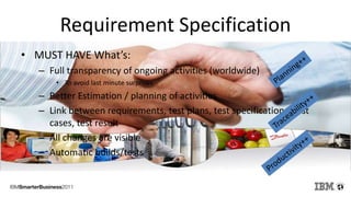 Requirement Specification
• MUST HAVE What’s:
   – Full transparency of ongoing activities (worldwide)
       • To avoid last minute surprises
   – Better Estimation / planning of activities
   – Link between requirements, test plans, test specifications, test
     cases, test result
   – All changes are visible
   – Automatic builds/tests
 