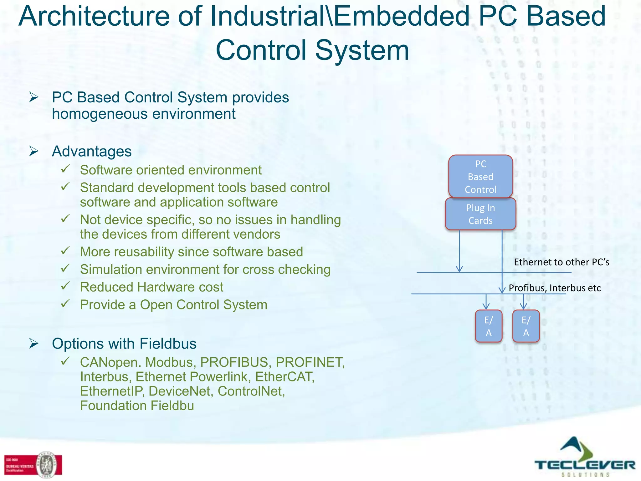 Architecture of IndustrialEmbedded PC Based
                 Control System
 PC Based Control System provides
  homogeneous environment

 Advantages
                                                        PC
     Software oriented environment                    Based
     Standard development tools based control        Control
      software and application software               Plug In
     Not device specific, so no issues in handling   Cards
      the devices from different vendors
     More reusability since software based
                                                                 Ethernet to other PC’s
     Simulation environment for cross checking
     Reduced Hardware cost                                     Profibus, Interbus etc
     Provide a Open Control System
                                                          E/       E/
                                                          A        A
 Options with Fieldbus
     CANopen. Modbus, PROFIBUS, PROFINET,
      Interbus, Ethernet Powerlink, EtherCAT,
      EthernetIP, DeviceNet, ControlNet,
      Foundation Fieldbu
 