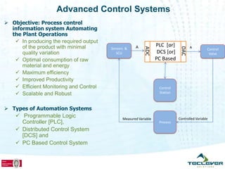 Advanced Control Systems
 Objective: Process control
  information system Automating
  the Plant Operations
    In producing the required output
      of the product with minimal                    A            PLC [or]           A




                                                          ADC




                                                                               DAC
                                        Sensors &                                               Control
      quality variation                    SCU                     DCS [or]                      Valve
    Optimal consumption of raw                                   PC Based
      material and energy
    Maximum efficiency
    Improved Productivity
    Efficient Monitoring and Control                              Control
    Scalable and Robust                                           Station



 Types of Automation Systems
     Programmable Logic                      Measured Variable               Controlled Variable
      Controller [PLC],                                            Process

     Distributed Control System
      [DCS] and
     PC Based Control System
 