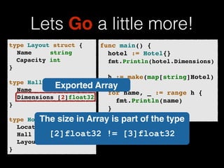 Lets Go a little more! 
type Layout struct {! 
! Name string! 
Capacity int! 
}! 
! 
type Hall struct {! 
! Name string! 
! Dimensions [2]float32! 
}! 
! 
type Hotel struct {! 
! Location string! 
! Hall! 
! Layout! 
} 
func main() {! 
! hotel := Hotel{}! 
! fmt.Println(hotel.Dimensions)! 
! 
! h := make(map[string]Hotel)! 
! 
! for name, _ := range h {! 
! ! fmt.Println(name)! 
! }! 
} 
Exported Array 
The size in Array is part of the type! 
[2]float32 != [3]float32 
 