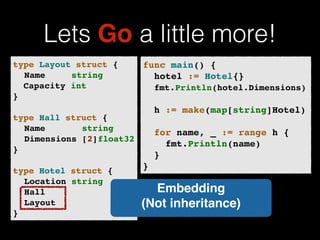 Lets Go a little more! 
type Layout struct {! 
! Name string! 
Capacity int! 
}! 
! 
type Hall struct {! 
! Name string! 
! Dimensions [2]float32! 
}! 
! 
type Hotel struct {! 
! Location string! 
! Hall! 
! Layout! 
} 
func main() {! 
! hotel := Hotel{}! 
! fmt.Println(hotel.Dimensions)! 
! 
! h := make(map[string]Hotel)! 
! 
! for name, _ := range h {! 
! ! fmt.Println(name)! 
! }! 
} 
Embedding! 
(Not inheritance) 
 