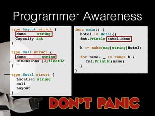Programmer Awareness 
type Layout struct {! 
! Name string! 
Capacity int! 
}! 
! 
type Hall struct {! 
! Name string! 
! Dimensions [2]float32! 
}! 
! 
type Hotel struct {! 
! Location string! 
! Hall! 
! Layout! 
} 
func main() {! 
! hotel := Hotel{}! 
! fmt.Println(hotel.Name)! 
! 
! h := make(map[string]Hotel)! 
! 
! for name, _ := range h {! 
! ! fmt.Println(name)! 
! }! 
} 
 