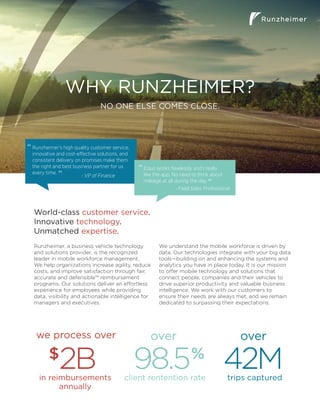 Runzheimer’s high quality customer service,
innovative and cost-effective solutions, and
consistent delivery on promises make them
the right and best business partner for us
every time.
Equo works flawlessly and I really
like the app. No need to think about
mileage at all during the day.
“
“
“
“- VP of Finance
- Field Sales Professional
WHY RUNZHEIMER?
NO ONE ELSE COMES CLOSE.
World-class customer service.
Innovative technology.
Unmatched expertise.
Runzheimer, a business vehicle technology
and solutions provider, is the recognized
leader in mobile workforce management.
We help organizations increase agility, reduce
costs, and improve satisfaction through fair,
accurate and defensible™ reimbursement
programs. Our solutions deliver an effortless
experience for employees while providing
data, visibility and actionable intelligence for
managers and executives.
We understand the mobile workforce is driven by
data. Our technologies integrate with your big data
tools—building on and enhancing the systems and
analytics you have in place today. It is our mission
to offer mobile technology and solutions that
connect people, companies and their vehicles to
drive superior productivity and valuable business
intelligence. We work with our customers to
ensure their needs are always met, and we remain
dedicated to surpassing their expectations.
we process over over over
in reimbursements
annually
client rentention rate trips captured
2B 98.5 42M$ %
 
