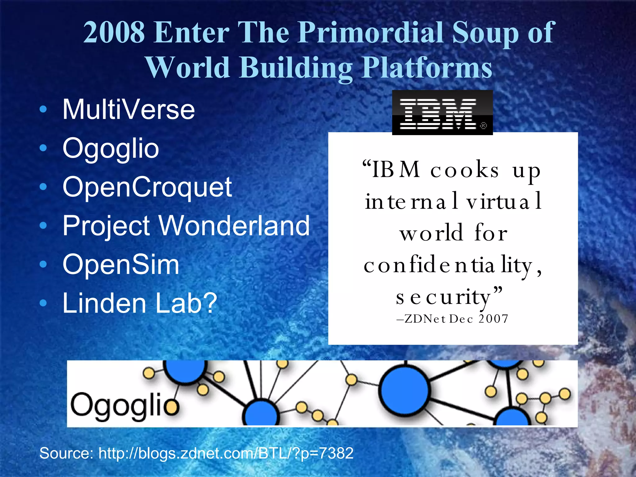 2008 Enter The Primordial Soup of World Building Platforms MultiVerse Ogoglio OpenCroquet Project Wonderland  OpenSim Linden Lab? “ IBM cooks up internal virtual world for confidentiality, security”  – ZDNet Dec 2007 Source: http://blogs.zdnet.com/BTL/?p=7382 