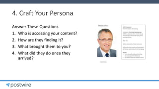4. Craft Your Persona
Answer These Questions
1. Who is accessing your content?
2. How are they finding it?
3. What brought them to you?
4. What did they do once they
arrived?
 