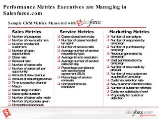 Performance Metrics Executives are Managing in Salesforce.com Sales Metrics Number of prospects  Number of new customers  Number of retained customers  Number of open opportunities  Close rate  Renewal rate  Number of sales calls  Number of sales call per opportunity  Amount of new revenue  Amount of recurring revenue  Time to close by channel  Margin  Sales stage duration  Sales cycle duration  Number of sales calls made  Number of proposals given  Competitive knockouts  Marketing Metrics Number of campaigns  Number of responses by campaign  Number of purchases by campaign  Revenue generated by campaign  Cost per interaction by campaign  Number of new leads by product  Number of new customers acquired by campaign  Customer retention rate New customer retention rates Number of customer referrals Customer satisfaction level Propensity for customer defection Service Metrics Cases closed same day  Number of cases handled by agent  Number of service calls  Average number of service requests by type  Average time to resolution  Average number of service calls per day  Percentage compliance with service-level agreement (SLA)  Percentage of service renewals  Complaint time-to-resolution  Sample CRM Metrics Measured with 