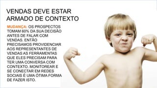 VENDAS DEVE ESTAR
ARMADO DE CONTEXTO
MUDANÇA: OS PROSPECTOS
TOMAM 60% DA SUA DECISÃO
ANTES DE FALAR COM
VENDAS. ENTÃO
PRECISAMOS PROVIDENCIAR
AOS REPRESENTANTES DE
VENDAS AS FERRAMENTAS
QUE ELES PRECISAM PARA
TER UMA CONVERSA COM
CONTEXTO. MONITOREAR E
SE CONECTAR EM REDES
SOCIAIS É UMA ÓTIMA FORMA
DE FAZER ISTO.
 