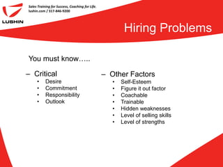 Sales Training for Success, Coaching for Life.
lushin.com / 317-846-9200




                                                         Hiring Problems

You must know…..

– Critical                                       – Other Factors
     •     Desire                                   •   Self-Esteem
     •     Commitment                               •   Figure it out factor
     •     Responsibility                           •   Coachable
     •     Outlook                                  •   Trainable
                                                    •   Hidden weaknesses
                                                    •   Level of selling skills
                                                    •   Level of strengths
 