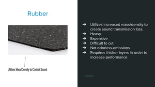 Rubber
➔ Utilizes increased mass/density to
create sound transmission loss.
➔ Heavy
➔ Expensive
➔ Difficult to cut
➔ Not odorless-emissions
➔ Requires thicker layers in order to
increase performance
 