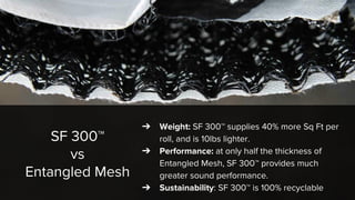 SF 300™
vs
Entangled Mesh
➔ Weight: SF 300™ supplies 40% more Sq Ft per
roll, and is 10lbs lighter.
➔ Performance: at only half the thickness of
Entangled Mesh, SF 300™ provides much
greater sound performance.
➔ Sustainability: SF 300™ is 100% recyclable
 