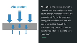 Absorption Absorption- The process by which a
material, structure, or object takes in
sound energy when sound waves are
encountered. Part of the absorbed
energy is transformed into heat and
part is transmitted through the
absorbing body. The sound energy
transformed into heat is said to have
been 'lost'.
 