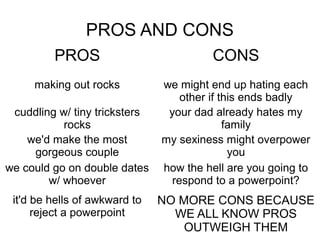 PROS AND CONS
         PROS                           CONS
     making out rocks          we might end up hating each
                                   other if this ends badly
 cuddling w/ tiny tricksters    your dad already hates my
           rocks                             family
    we'd make the most         my sexiness might overpower
     gorgeous couple                          you
we could go on double dates    how the hell are you going to
        w/ whoever               respond to a powerpoint?
 it'd be hells of awkward to   NO MORE CONS BECAUSE
      reject a powerpoint        WE ALL KNOW PROS
                                   OUTWEIGH THEM
 