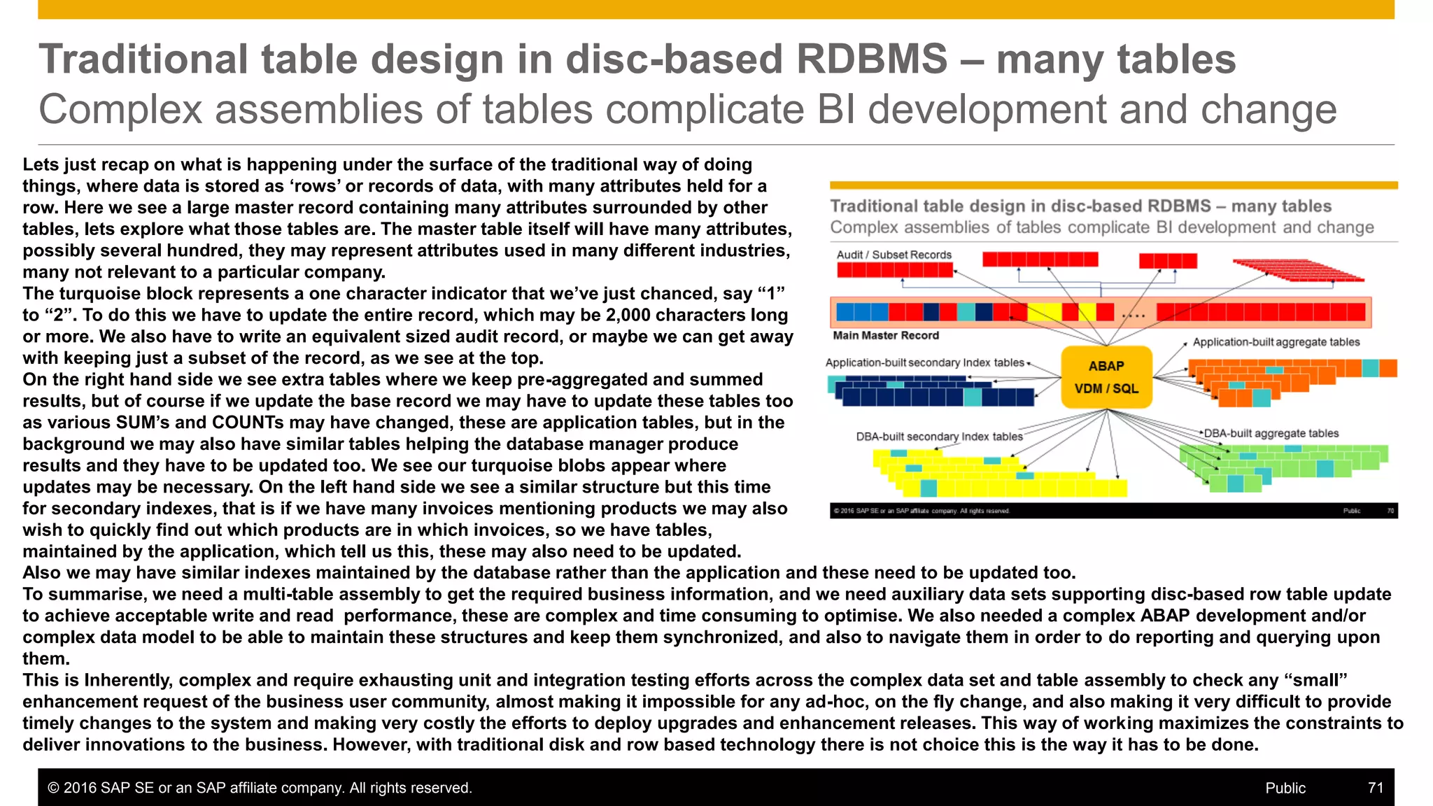 © 2016 SAP SE or an SAP affiliate company. All rights reserved. 71Public
Traditional table design in disc-based RDBMS – many tables
Complex assemblies of tables complicate BI development and change
Lets just recap on what is happening under the surface of the traditional way of doing
things, where data is stored as ‘rows’ or records of data, with many attributes held for a
row. Here we see a large master record containing many attributes surrounded by other
tables, lets explore what those tables are. The master table itself will have many attributes,
possibly several hundred, they may represent attributes used in many different industries,
many not relevant to a particular company.
The turquoise block represents a one character indicator that we’ve just chanced, say “1”
to “2”. To do this we have to update the entire record, which may be 2,000 characters long
or more. We also have to write an equivalent sized audit record, or maybe we can get away
with keeping just a subset of the record, as we see at the top.
On the right hand side we see extra tables where we keep pre-aggregated and summed
results, but of course if we update the base record we may have to update these tables too
as various SUM’s and COUNTs may have changed, these are application tables, but in the
background we may also have similar tables helping the database manager produce
results and they have to be updated too. We see our turquoise blobs appear where
updates may be necessary. On the left hand side we see a similar structure but this time
for secondary indexes, that is if we have many invoices mentioning products we may also
wish to quickly find out which products are in which invoices, so we have tables,
maintained by the application, which tell us this, these may also need to be updated.
Also we may have similar indexes maintained by the database rather than the application and these need to be updated too.
To summarise, we need a multi-table assembly to get the required business information, and we need auxiliary data sets supporting disc-based row table update
to achieve acceptable write and read performance, these are complex and time consuming to optimise. We also needed a complex ABAP development and/or
complex data model to be able to maintain these structures and keep them synchronized, and also to navigate them in order to do reporting and querying upon
them.
This is Inherently, complex and require exhausting unit and integration testing efforts across the complex data set and table assembly to check any “small”
enhancement request of the business user community, almost making it impossible for any ad-hoc, on the fly change, and also making it very difficult to provide
timely changes to the system and making very costly the efforts to deploy upgrades and enhancement releases. This way of working maximizes the constraints to
deliver innovations to the business. However, with traditional disk and row based technology there is not choice this is the way it has to be done.
 